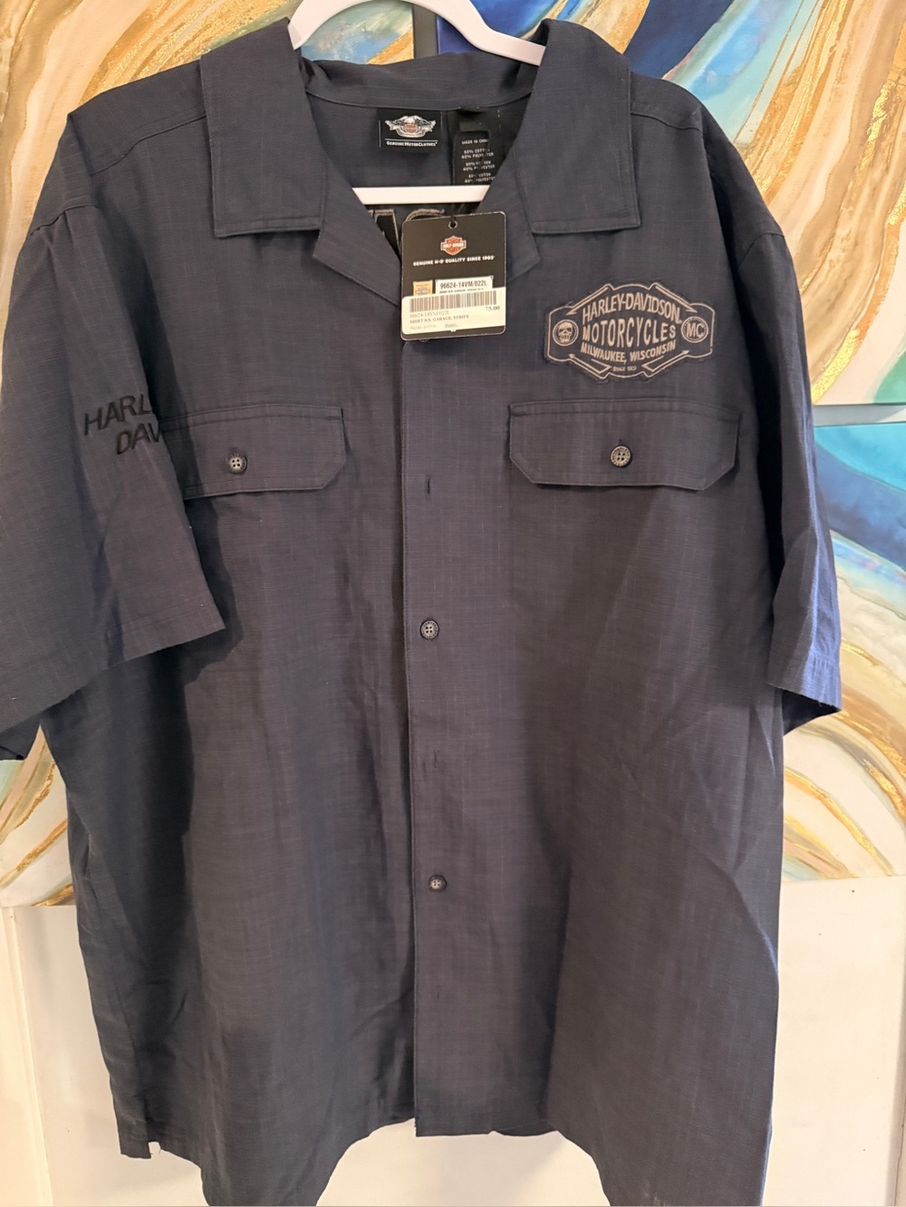 Harley Davidson Gray Blue Short Sleeve Button Front Shirt